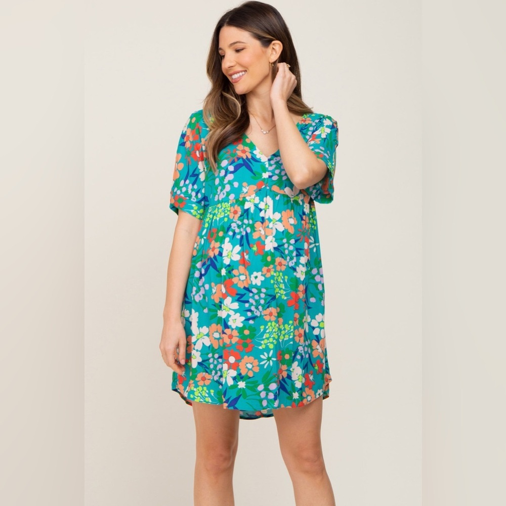 Pinkblush Teal Floral Mini Dress with Multicolor Bloom